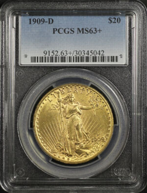 Obverse of this 1909-D St. Gaudens $20 PCGS MS-63+