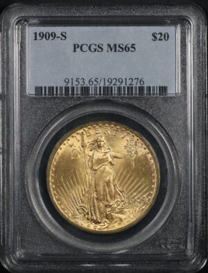 Obverse of this 1909-S St. Gaudens $20 PCGS MS-65