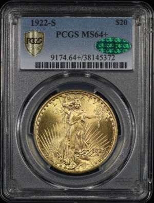 Obverse of this 1922-S St. Gaudens $20 PCGS MS-64+ CAC