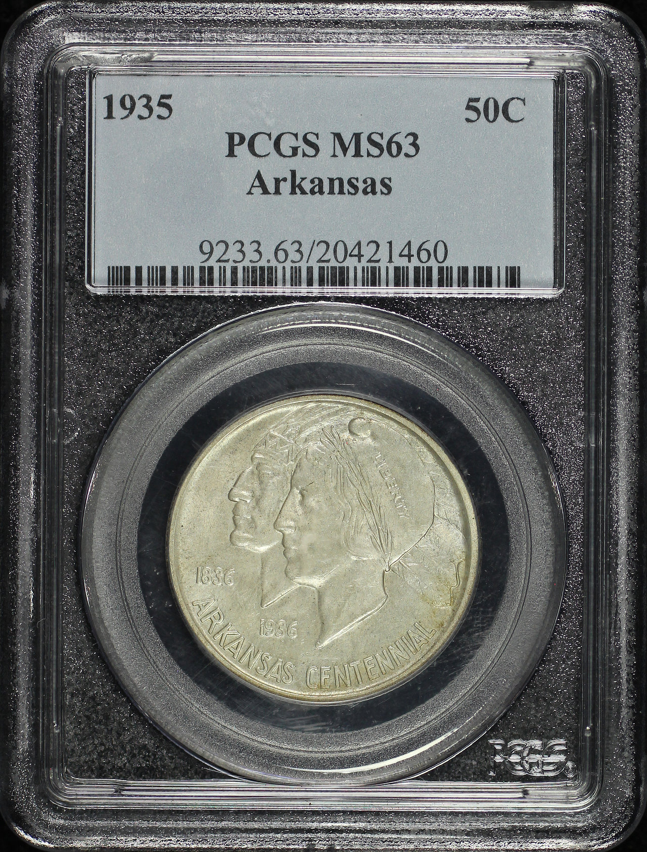 Obverse of this 1935 50C Arkansas Silver Commemorative PCGS MS-63