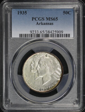 Obverse of this 1935 50C Arkansas Silver Commemorative PCGS MS-65