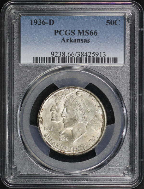 Obverse of this 1936-D 50C Arkansas Silver Commemorative PCGS MS-66