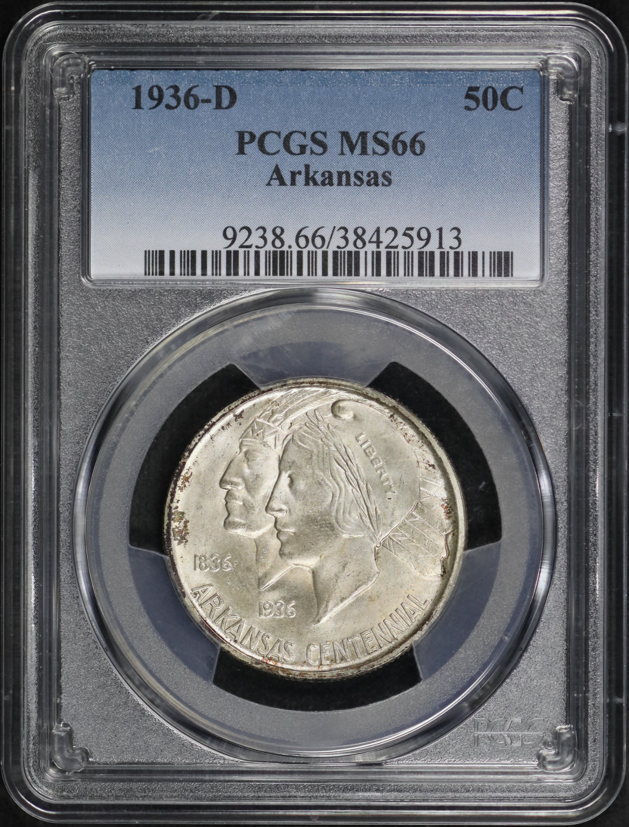 Obverse of this 1936-D 50C Arkansas Silver Commemorative PCGS MS-66