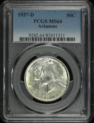 Obverse of this 1937-D 50C Arkansas Silver Commemorative PCGS MS-64