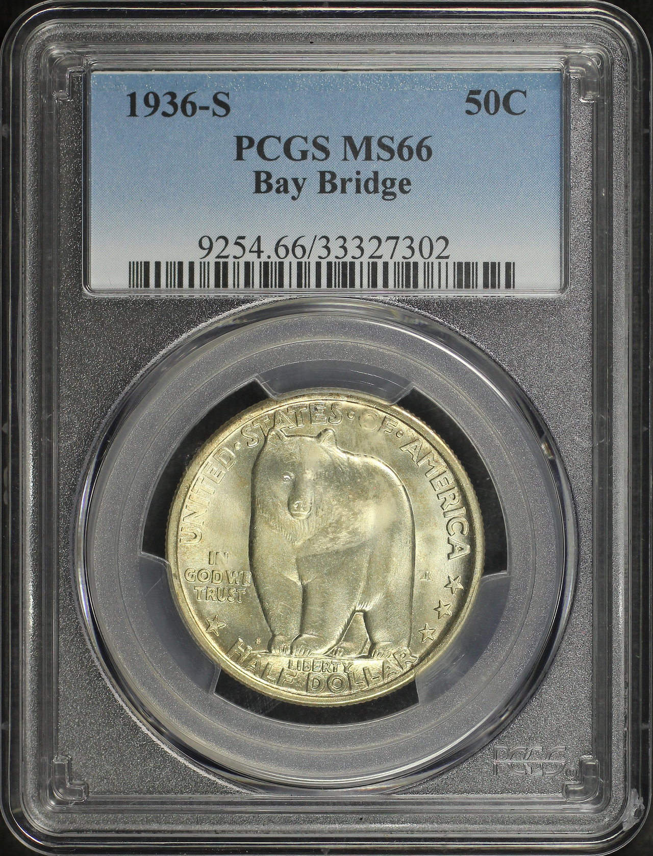 Obverse of this 1936-S Silver Commemorative Bay Bridge 50C PCGS MS-66