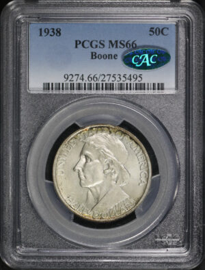 Obverse of this 1938 50C Boone Silver Commemorative PCGS MS-66 CAC