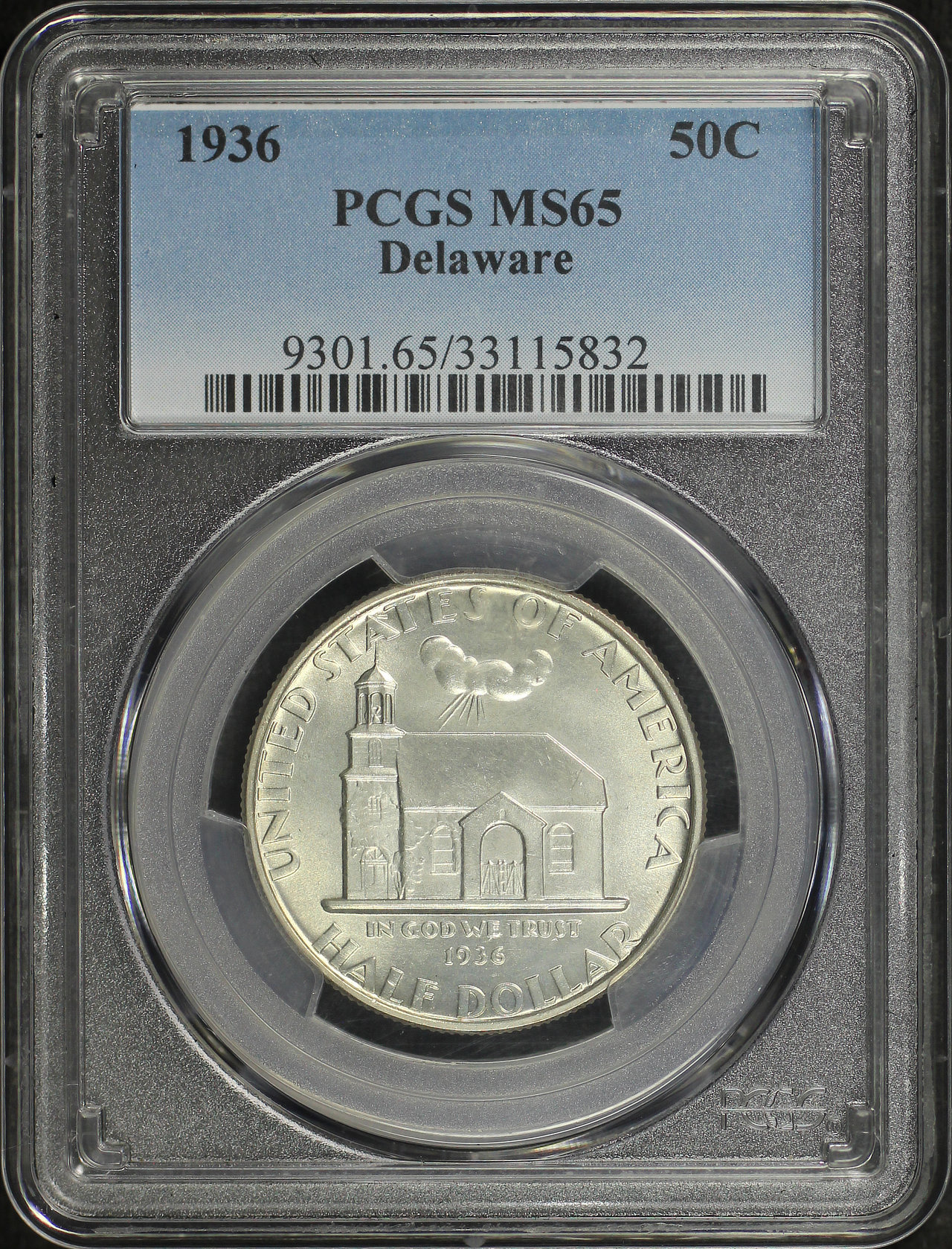 Obverse of this 1936 Silver Commemorative Delaware 50C PCGS MS-65