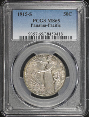 Obverse of this 1915-S Silver Commemorative Panama-Pacific 50C PCGS MS-65