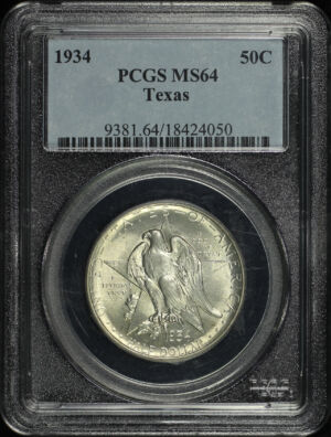 Obverse of this 1934 50C Texas Silver Commemorative PCGS MS-64