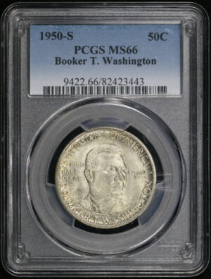 Obverse of this 1950-S 50C Booker T. Washington Silver Commemorative PCGS MS-66