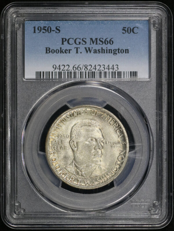 Obverse of this 1950-S 50C Booker T. Washington Silver Commemorative PCGS MS-66