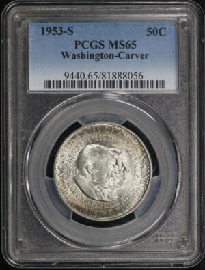 Obverse of this 1953-S 50C Washington-Carver Silver Commemorative PCGS MS-65