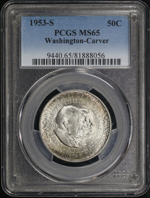 Obverse of this 1953-S 50C Washington-Carver Silver Commemorative PCGS MS-65