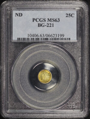 Obverse of this ND G25C BG-221 Round Liberty California Fractional Gold PCGS MS-63