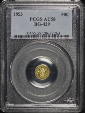Obverse of this 1853 50C BG-429 Liberty Round California Fractional Gold PCGS AU-58