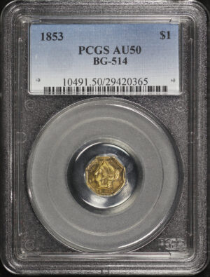 Obverse of this 1853 G$1 BG-514 Octagonal Liberty California Fractional Gold PCGS AU-50