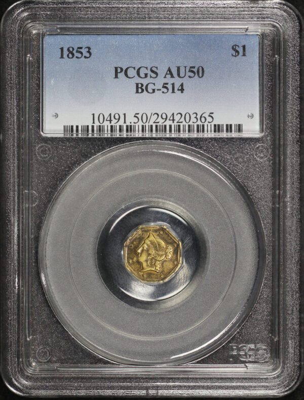 Obverse of this 1853 G$1 BG-514 Octagonal Liberty California Fractional Gold PCGS AU-50