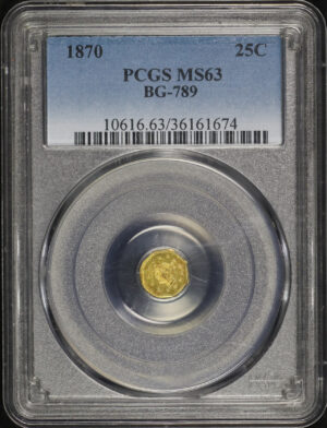 Obverse of this 1870 G25C BG-789 Liberty Octagonal California Fractional Gold PCGS MS-63