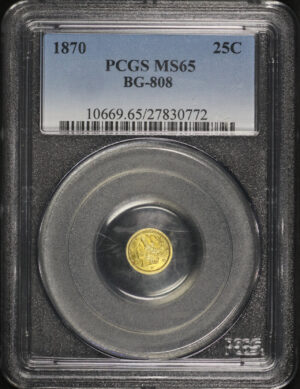 Obverse of this 1870 25C BG-808 Round Liberty California Fractional Gold PCGS MS-65