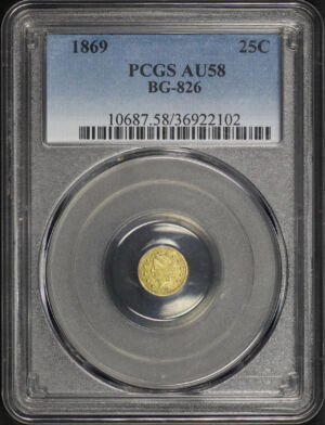 Obverse of this 1869 G25C BG-826 Round Liberty California Fractional Gold PCGS AU-58