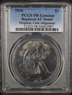 Obverse of this 1836 Gobrecht Dollar Patterns J-60 Original, Alignment I PCGS PR AU Details Repaired