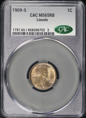Obverse of this 1909-S Lincoln Cent Wheat Reverse CACG MS-65 RB