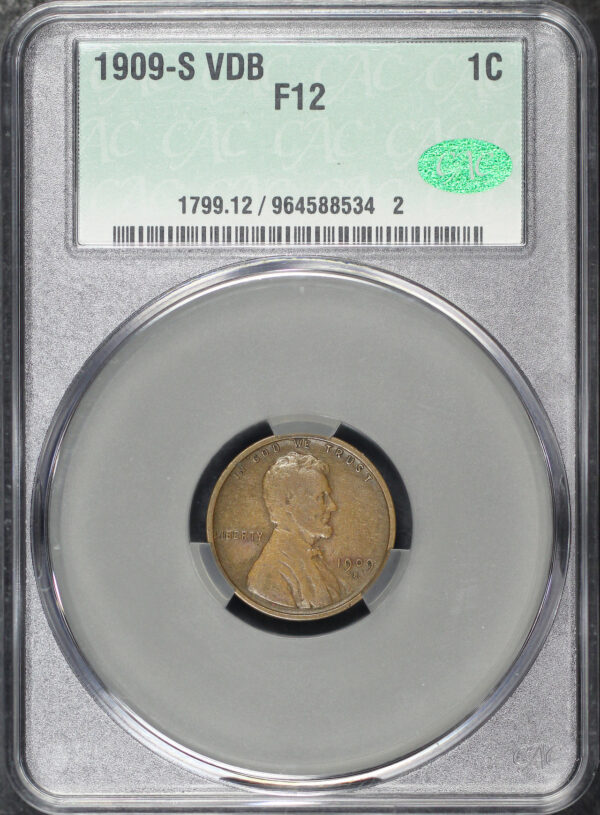 Obverse of this 1909-S VDB Lincoln Cent Wheat Reverse CACG F-12