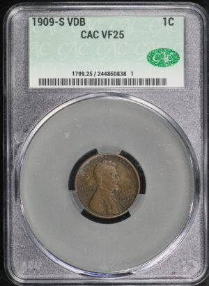 Obverse of this 1909-S VDB Lincoln Cent Wheat Reverse CACG VF-25 BN
