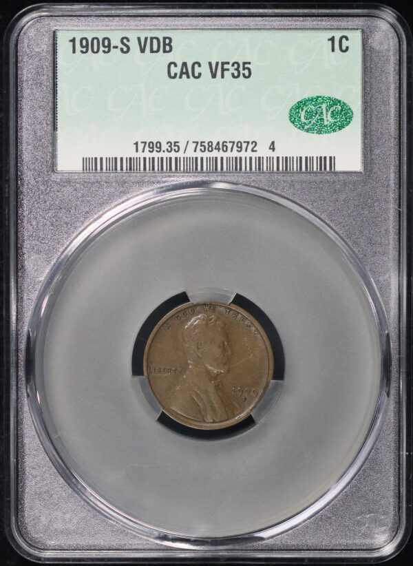 Obverse of this 1909-S VDB Lincoln Cent Wheat Reverse CACG VF-35 BN