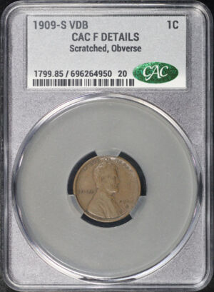 Obverse of this 1909-S VDB Lincoln Cent Wheat Reverse CACG F Details Scratched Obverse