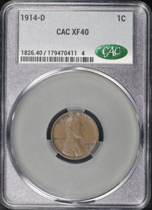 Obverse of this 1914-D Lincoln Cent Wheat Reverse CACG XF-40 BN