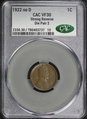 Obverse of this 1922-D No D Lincoln Cent Wheat Reverse Strong Reverse CACG VF-30 BN