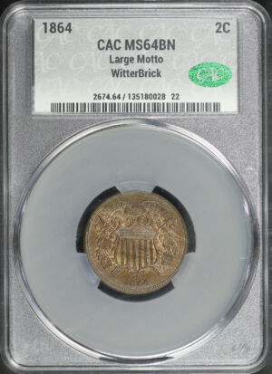 Obverse of this 1864 Two Cent Large Motto CACG MS-64 BN