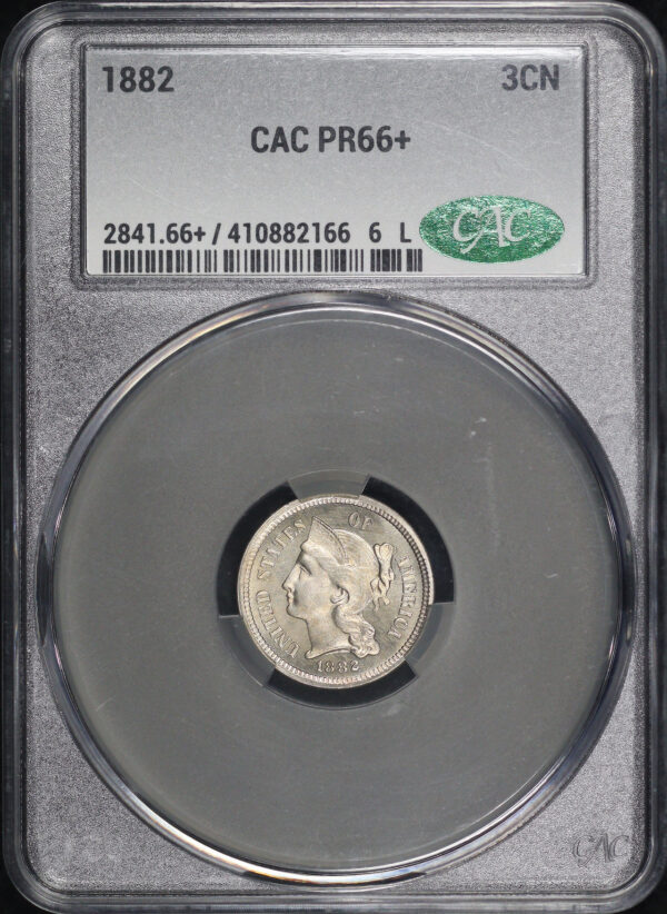 Obverse of this 1882 Three Cent Nickel CACG MS-66+