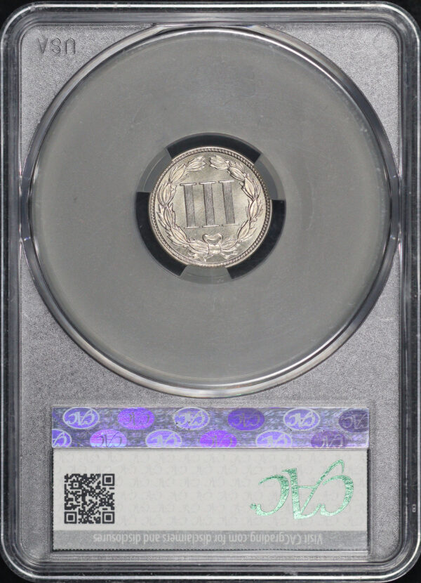 Reverse of this 1882 Three Cent Nickel CACG MS-66+