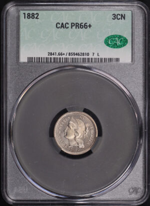Obverse of this 1882 Three Cent Nickel CACG MS-66+
