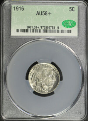 Obverse of this 1916 Buffalo Nickel CACG AU-58+