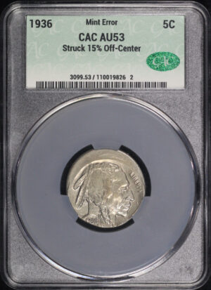 Obverse of this 1936 Buffalo Nickel CACG AU-53 Mint Error Struck 15% Off-Center