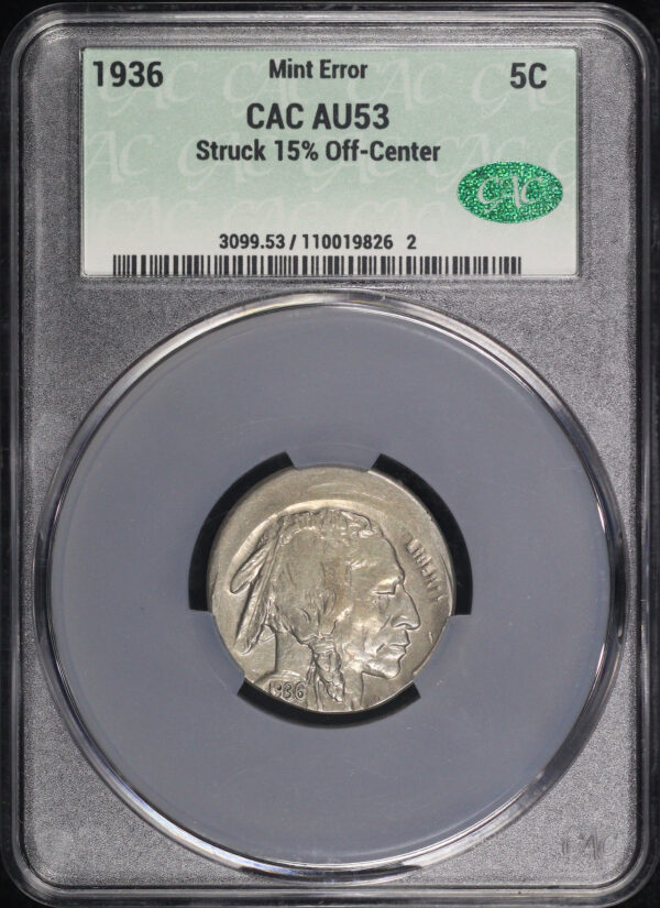 Obverse of this 1936 Buffalo Nickel CACG AU-53 Mint Error Struck 15% Off-Center
