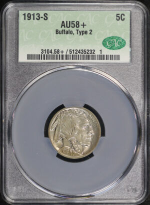 Obverse of this 1913-S Type 2 Buffalo Nickel CACG AU-58+