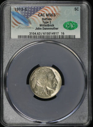 Obverse of this 1913-S Buffalo Nickel Type 2 CACG MS-63 WitterBrick & John Dannreuther Label