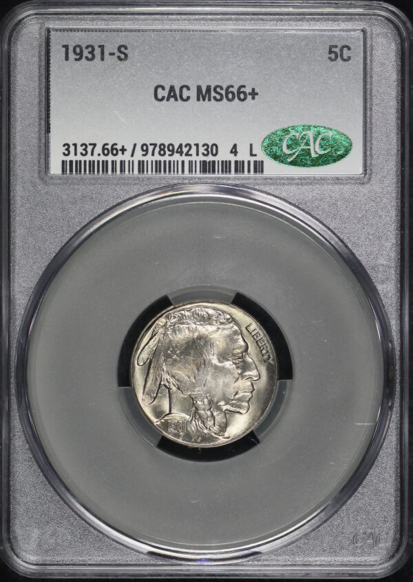 Obverse of this 1931-S Buffalo Nickel CACG MS-66+