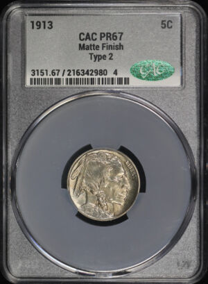 Obverse of this 1913 Buffalo Nickel Type 2 Matte Finish CACG MS-67
