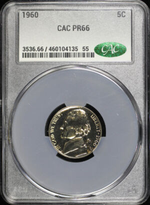 Obverse of this 1960 Jefferson Nickel CACG PR-66