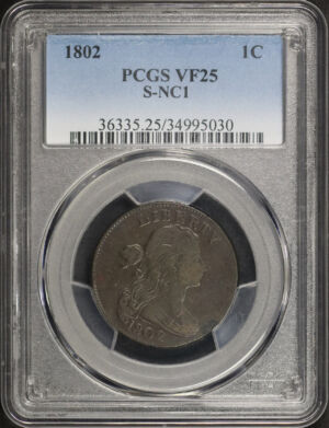Obverse of this 1802 Draped Bust Cent S-NC1 PCGS VF-25 BN 