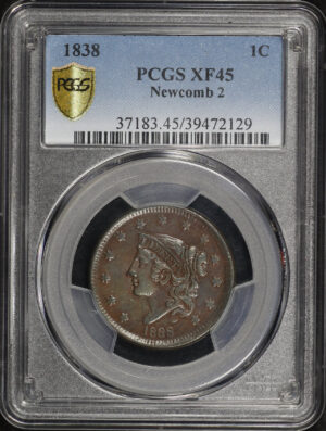 Obverse of this 1838 Coronet Head Cent Newcomb 2 PCGS XF-45 BN