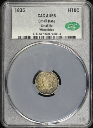 Obverse of this 1835 Capped Bust Half Half Dime Small Date & 5C CACG AU-55 WitterBrick 