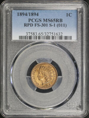 Obverse of this 1894/1894 Indian Cent RPD, FS-301, S-1 (011) PCGS MS-65 RB