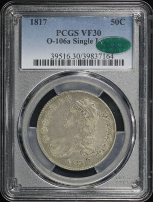 Obverse of this 1817 Capped Bust Half Dollar O-106a Single Leaf PCGS VF-30 CAC