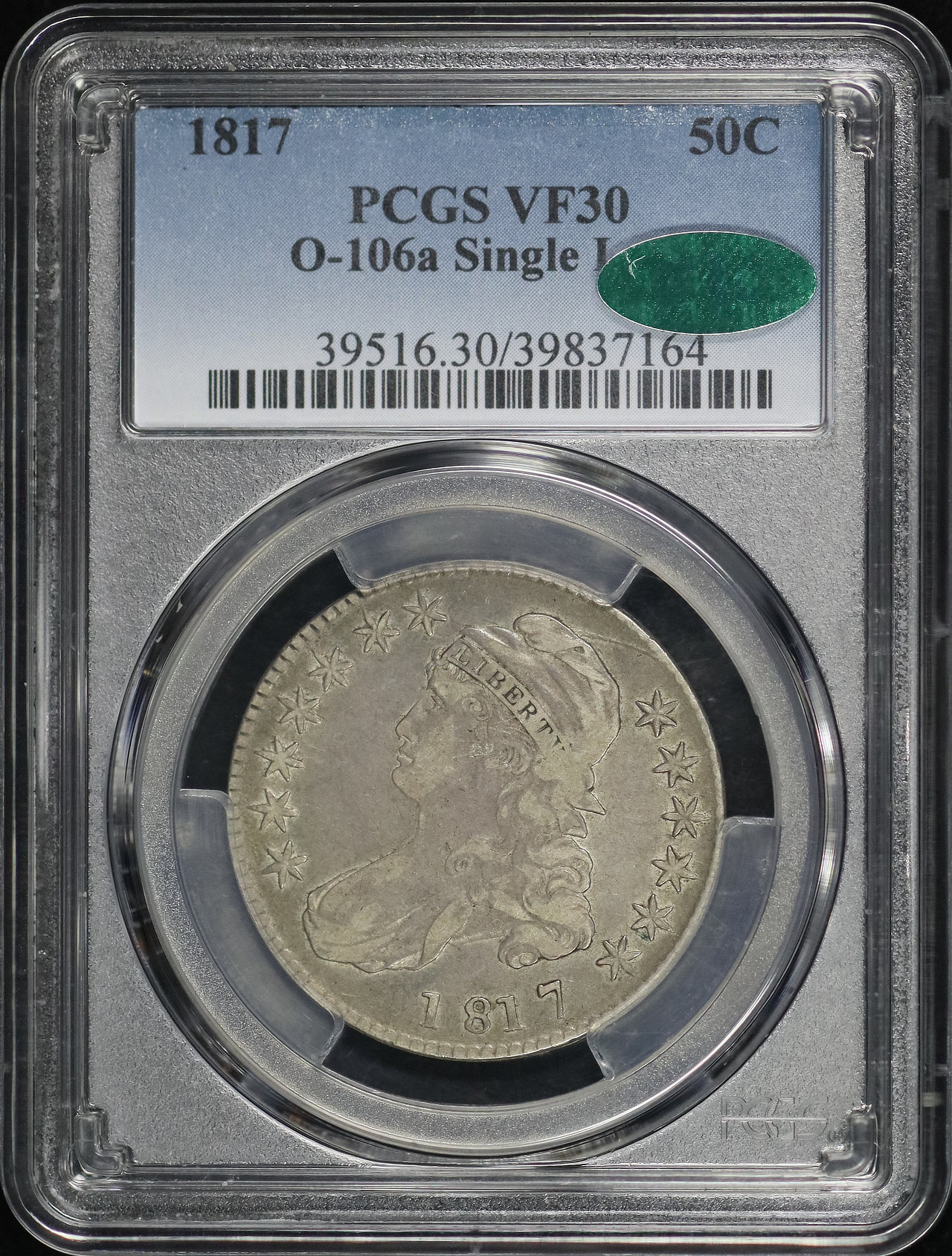 Obverse of this 1817 Capped Bust Half Dollar O-106a Single Leaf PCGS VF-30 CAC